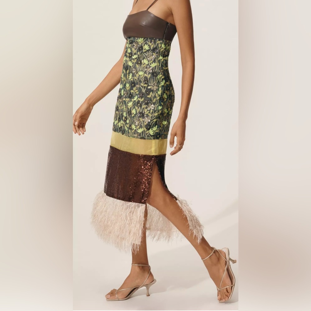 By Anthropologie Floral Midi Dress with Sequin and Feather Details